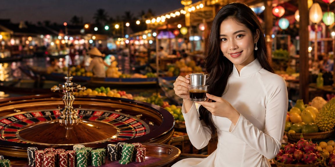 Cảnh quay bàn roulette tại sòng bài với người mặc áo dài